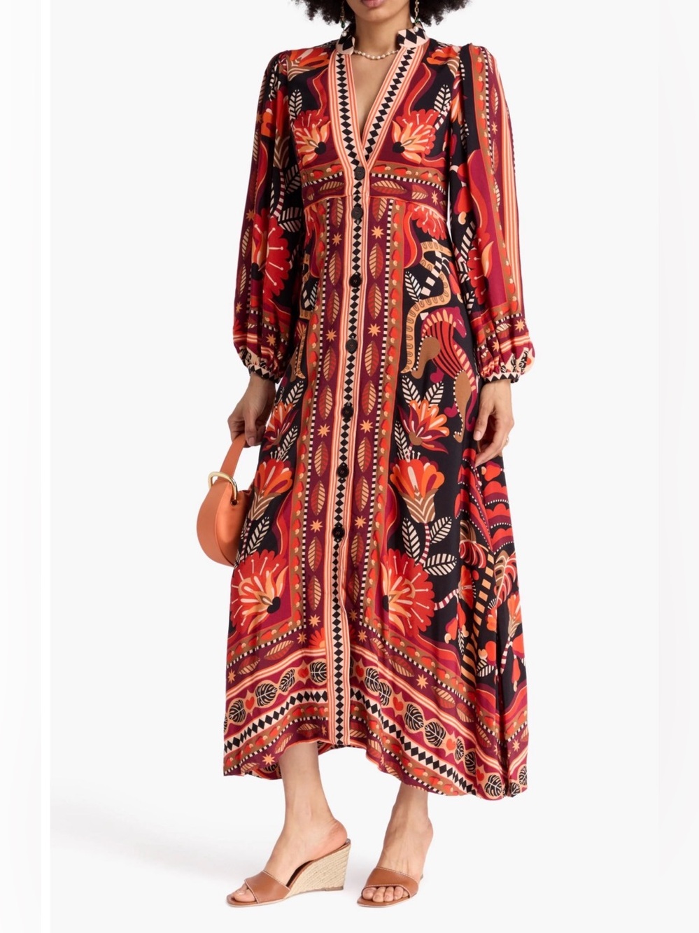 Farm Rio Red Nature Beauty Long Sleeve Red Orange Maxi Dress Sz S